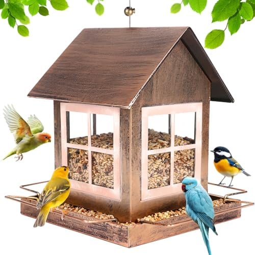 SWAWIS Vogelhaus zum Aufhängen Vogelfutterhaus Metall 14,5 x 18,5 x 23 cm | Vogelfutterstation Wetterfest Vogelfutterspender Futterstation Vögel Bronze