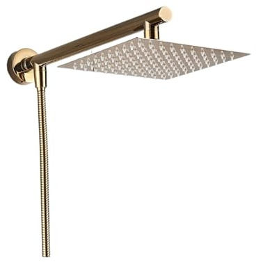 Soffione doccia a pioggia da 30,5 cm, ultrasottile, in acciaio inox, con braccio a parete in ottone e tubo flessibile da 150 cm, finitura dorata