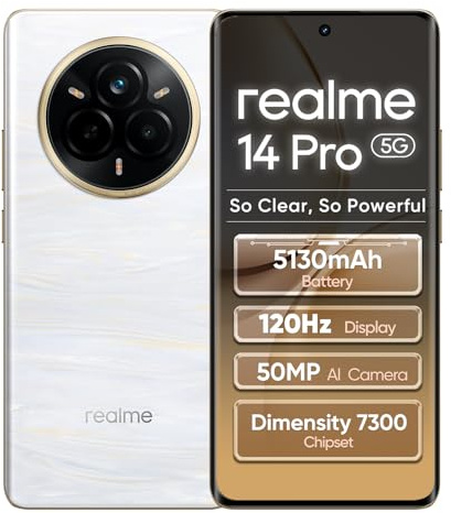 realme 14 Pro Smartphone 5G 8+256GB,Pearl White, 6.72 Pouces d'écran incurvé, 120Hz d'affichage, 45W SuperVOOC, 5130 mAh de Batterie, 50 MP de caméra, Dimensity 7300 Energy, IP69