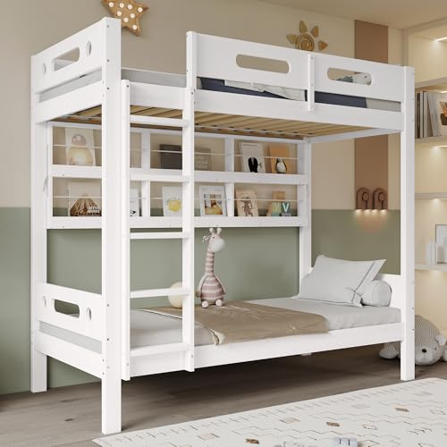 Etagenbett 90x200 cm mit Fallschutzgitter Offenes Regal Hochbett mit Fünfstufige Leiter Einzelbett für Erwachsene Jugendliche Kiefer+MDF Gästebett Ohne Matratze Weiß