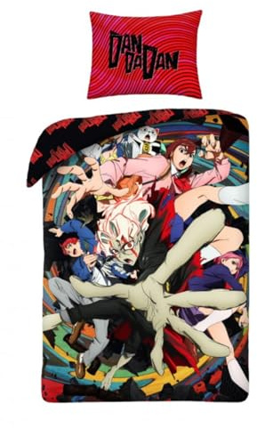 Halantex DanDaDan Anime Character Bed Set – Duvet Cover 140 x 200 cm with Pillowcase 70 x 90 cm – 100% Polyester Multi-Coloured