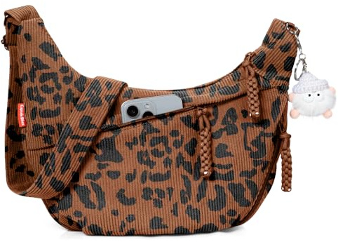 Captain Blues Women's Crossbody Bag, Corduroy Half-Moon Bag, Adjustable Shoulder Bag with Zipper, Ideal for Work, Travel (Leopard)