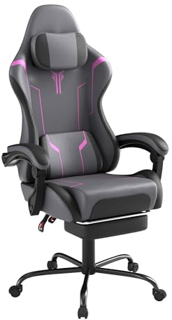 YHome Chaise de gaming réglable en hauteur avec oreiller, coussin lombaire à vibrations, repose-pieds et accoudoirs, chaise de gamer ergonomique, surface en velours (noir + gris + violet)