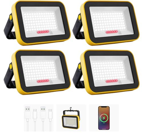 NATPOW LED Work Light, Rechargeable Camping Lamp, 5 Mode Lighting, 4 Pack | USB Charing outport, Super Bright Security Floodlight, SOS lighting modes Lamp for Workshop Camping Construction Site, Garage