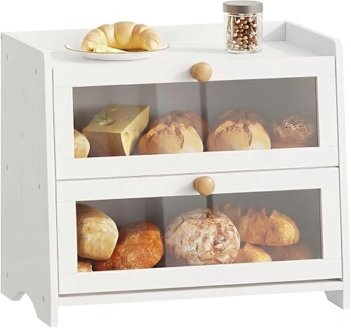 BAMBANG Bread Bin for Kitchen Countertop, Extra Large Bamboo Bread Box Storage Container for Homemade Bread, Double Layer Sourdough Breadox, Bread Bin Organizer for Counter Cabinet Pantry, White