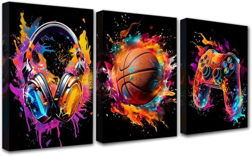 PIGPIGFLY Wandbilder Set 30x40cm mit Rahmen, Leinwandbilder Basketball Gaming Graffiti, Bilder Wand für Wohnzimmer & Schlafzimmer
