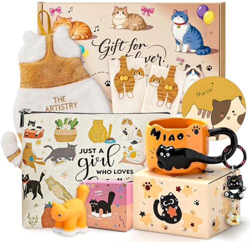 AllisWay Regali per Gli Amanti dei Gatti, Regali Donna Compleanno | Include Tazza a Tema Gatto, Pochette Trucco, Asciugamano, Portachiavi a Gatto, Calzini a Gattos, Candele e Sottobicchieri