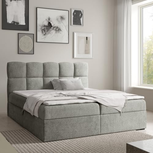 Home Collective Boxspringbett Polsterbett Doppelbett Bett mit Stauraum viele Größen & Farben | Topper inklusive | modernes Design mit Kassettensteppung Schlafzimmer Jugendzimmer | Grau 140x200 cm