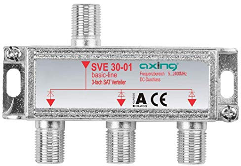 Axing SVE 30-01 3-Fach SAT-Verteiler Splitter mit DC-Durchgang für Satelliten-Anlagen Unicable DVB-T2 HD (5-2400 MHz) Class A
