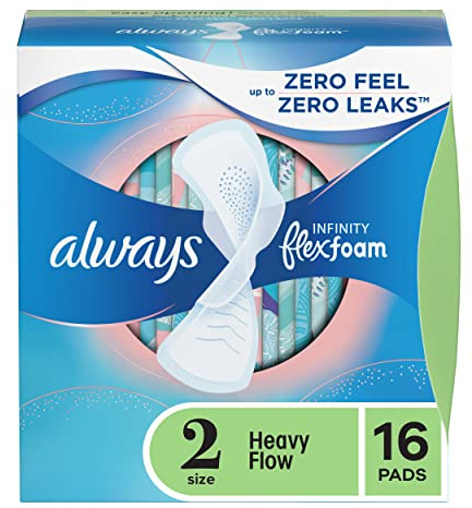Always Infinity Feminine Pads for Women, Size 2 Regular, with Wings, unscented, 16ct