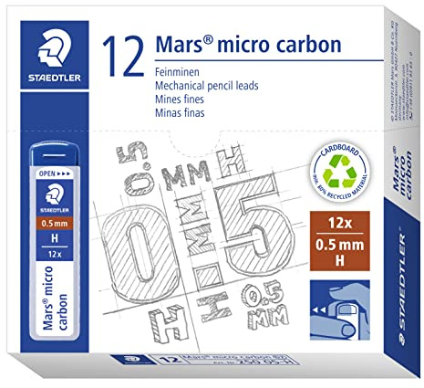 STAEDTLER 250 05-H Mars Micro Refill Leads for Mechanical Pencils - H, 0.5mm (Box of 12 x Tubes of 12 Leads)