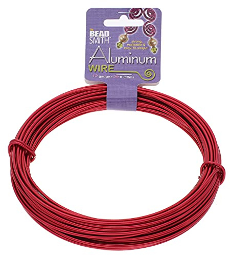The Beadsmith Alambre de aluminio anodizado – Calibre 12 – 35 pies – Color rojo – Alambre flexible para manualidades utilizado para hacer joyas