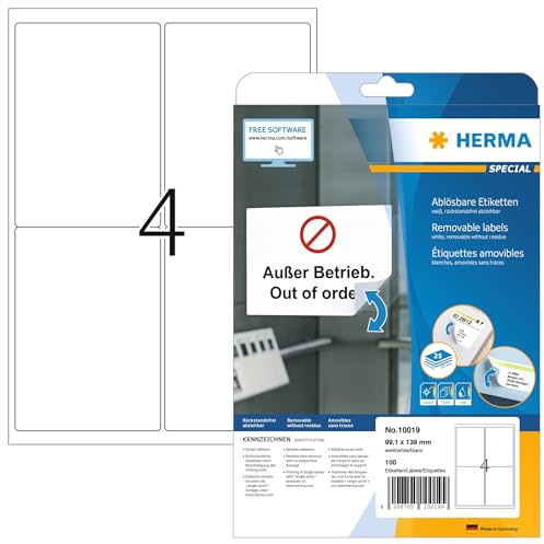 HERMA 10019 Universal Etiketten blickdicht ablösbar, 800 Blatt, 99,1 x 139 mm, 4 pro A4 Bogen, 3200 Stück, selbstklebend, bedruckbar, matt, blanko Papier Klebeetiketten Aufkleber, weiß