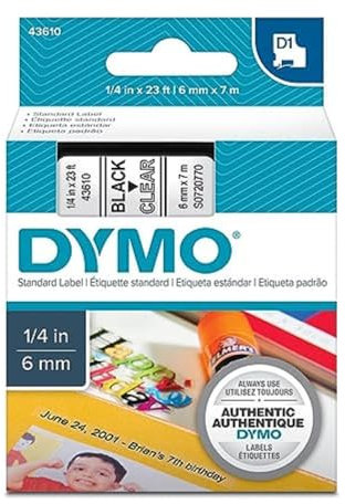 Dymo D1 Schriftband 6 mm x 7 m schwarz auf transparent 43610