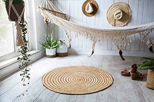Barbara Becker runder Teppich Jute Baumwolle, Ethno Boho Style, flach, handgeflochten, Naturteppich für Wohnzimmer Schlafzimmer, Farbe:Natur, Größe:80 x 80 cm