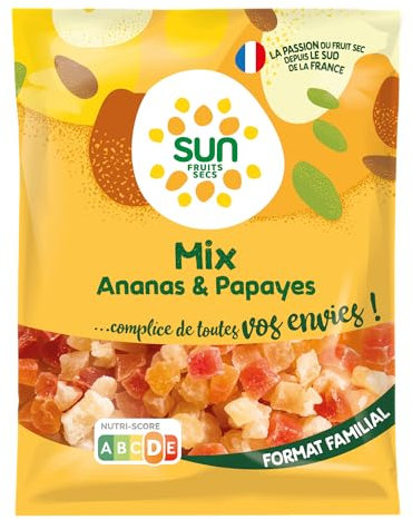 SUN - Mix Ananas Papaye 250 g - Mélange Cubes Ananas & Papaye - Mix Apéro Exotique - Idéal Pour Snacking, Apéritif - Fruits Déshydratés