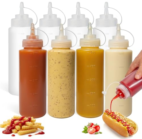 OAMCEG - Condiment Bottles - 8 Pack - Durable Plastic with Discreet Measurements for Ketchup, BBQ, Sauces, Syrup, Condiments, Dressing, Arts & Crafts, BPA Free