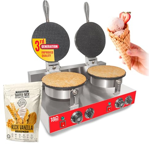 ALDKitchen Double Waffle Cone Maker - Commercial 2-Head Stainless Steel Ice Cream Cone Machine, Nonstick, Adjustable Temp & Timer - Includes Cone Roller & 3 lbs Vanilla Mix (DOUBLE)