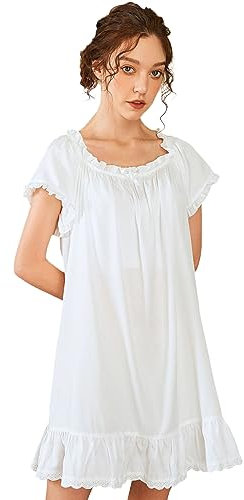 Nanxson Womens Nightdress Cotton Short Sleeve Nightwear Vintage Victorian Nightgown (M, White)