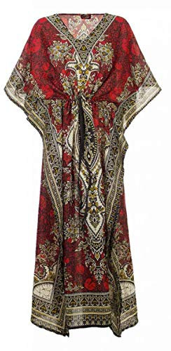 Caftano lungo stile orientale etnico, in poliestere, abito estivo da donna, stile bohémien, abbigliamento da spiaggia, oversize, Rosso, Taglia unica
