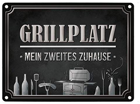 Grillplatz mein zweites Zuhause Metallschild in grau Grill grillen Fleisch Bier