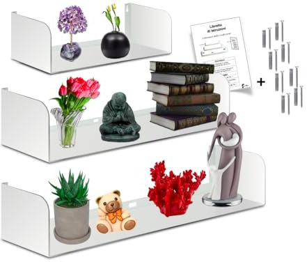 Flo.mar - Mensole da Parete 3 pezzi 60, 50 e 40 cm - Mensole per Libri a Effetto Scomparsa - Mensola da Muro Porta Oggetti Resistenza +15kg