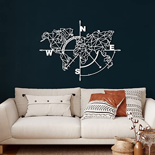 Metall-Wanddekoration, geometrischer Weltkartenkompass, Wohnzimmer-Dekoration, Wandschild, Metall-Wandkunst, Innendekoration, Innen- und Außenbereich, weiß (117 x 91 cm)