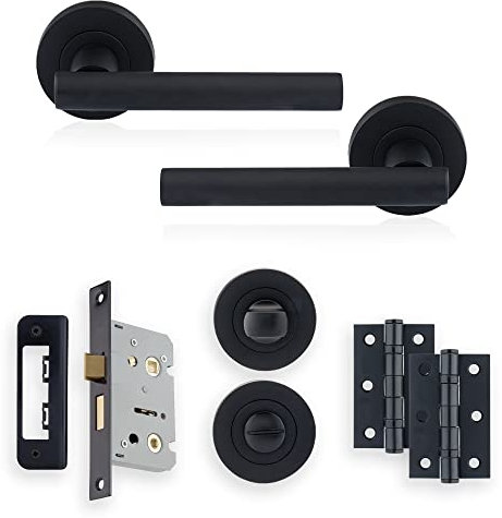XFORT Matt Black Liberty Lever On Rose Bathroom Pack, Complete Set with T-Bar Handles, 65mm Privacy Lock, 75mm Ball Bearing Hinges and Thumb Turn & Release Set, for Internal Bathroom Doors
