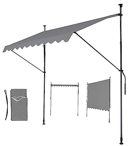 Mingone Klemmmarkise 2m Balkon Markise Wasserdicht Sonnenschutz Balkon ohne Bohren Freistehende Faltmarkise Markise mit Handkurbel, Grau 200x120cm