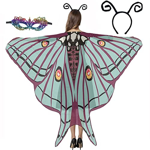 GRAJTCIN Women's Butterfly Wings Shawl, 3 PCS Halloween Fairy Costume Festive Rave Cape with Antennas & Mask