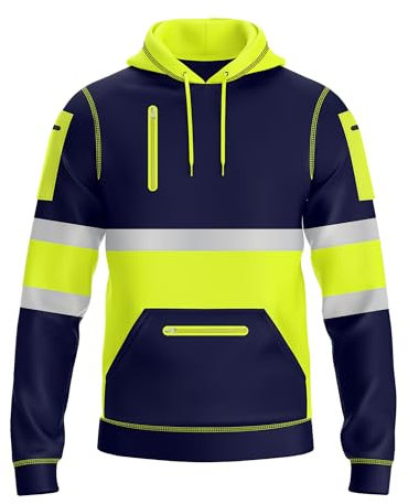 NOROZE Hi-Viz-Pullover-Kapuzenpulli, grau, reflektierendes Band, gut sichtbarer Sicherheitsmantel mit 4 Reißverschlüssen, Sweatshirt-Top-Jacke für Herren (Stil 2: Neongrün/Marineblau, M)