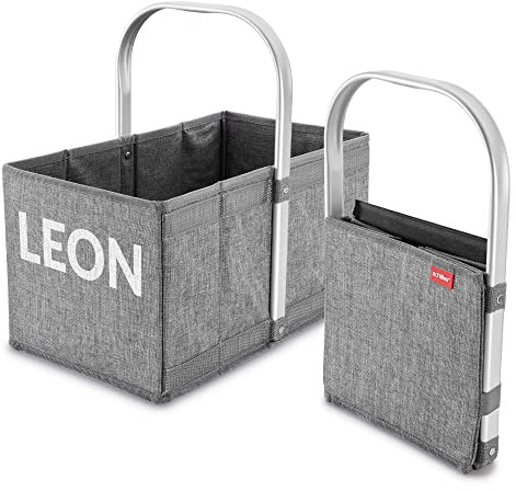 achilles Einkaufskorb mit Name, Tragekorb mit Alu-Griff, Klappbarer Korb personalisierbar, Picknickkorb, Klappkorb, Korb mit Bügel, Einkaufsbox mit Druck, Grau, 40x24x20 cm