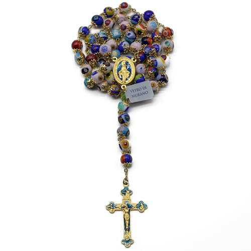OVUNQUE PROTEGGIMI Rosario Católico En Cristal de Murano Multicolor Con Cruz E Medalla De Madonna Milagrosa Esmaltados - Producto Hecho a Mano