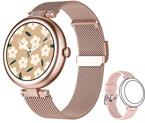 SHANG WING Lynn Montre Connectée Femme Bracelet Acier Ronde Petite 1,09 Pouce Elegante Smartwatch Montre Sport Cardio Podometre Connecté Marche Saturation Oxygène Multifonctions Or