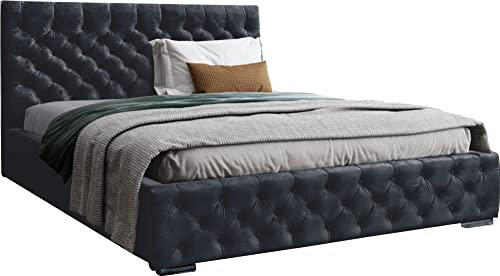 WFL GROUP Samtstoff Polsterbett Doppelbett 140x200 160x200 180x200 cm Bettgestell Mit Bettkasten Lattenrost und Gestepptes Kopfteil - Hydrophobe Stoff - Chesterfield-Stil - Schwarz - 140 x 200 cm