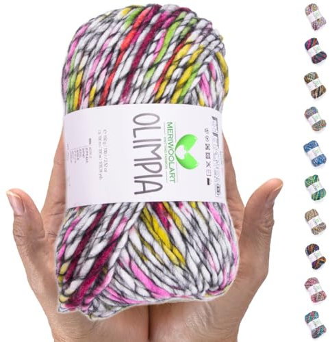 MeriWoolArt Merino Wolle zum Stricken – 100 m Mehrfarbige Dicke Weiche Merinowolle zum Stricken für Pullover Jacken – XXL Handstrickwolle – Voluminöse DIY Wolle für Schals Decken Tücher Geschenke