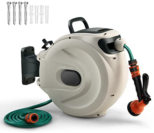 GiantexUK Wall Retractable Hose Reel, Air Compressor Reel Watering Tool with Auto Rewind, Locking System, 180° Swivel Bracket and 8 in 1 Nozzle (15+1M Pipe, 38 x 20 x37cm)