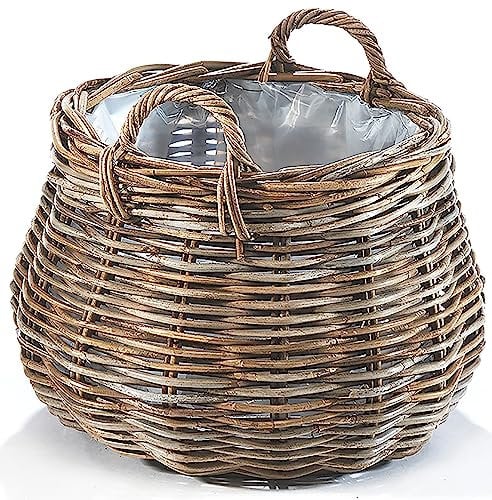 Kobolo Pflanzkorb Pflanzkübel rund XXL aus Rattan mit Folie ausgeschlagen - Grau - Innenbereich geschützter Außenbereich