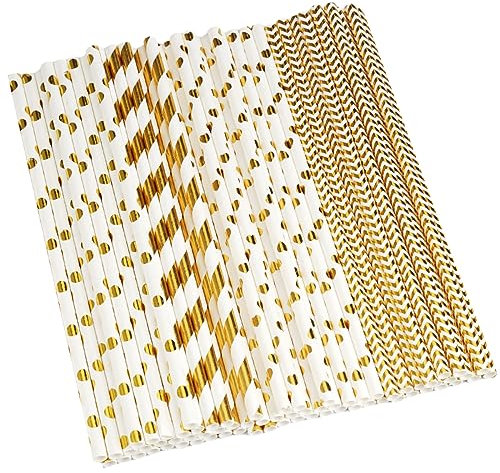 200 Stück Strohhalm Papier, Strohhalme Gold Biologisch Abbaubare, Goldene Papierstrohhalme, Gold Weiß Gestreifte Strohhalme Trinken Punkt Papierstrohhalme, für Hochzeit Geburtstag Party Dekorationen