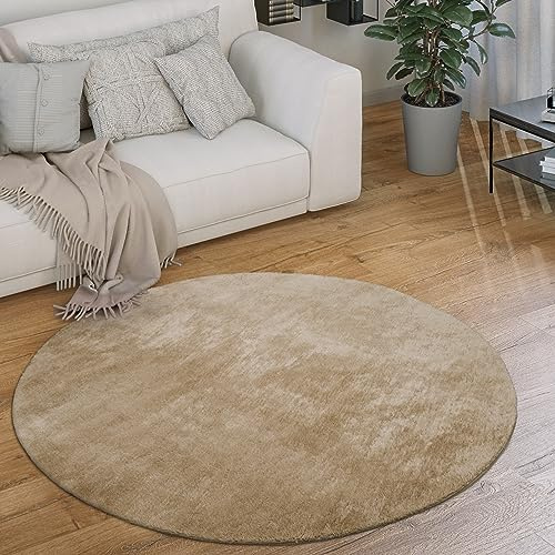 Paco Home Waschbarer Teppich Rund Wohnzimmer Kurzflor rutschfest Modern Flauschig Einfarbiges Muster, Grösse:80 cm Rund, Farbe:Beige 2