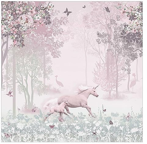 Bilderwelten Fototapete Kinderzimmer Einhorn auf Blumenwiese in Rosa 288 x 288 cm Vlies-Tapete XXL Smart Wandtapete Wanddekoration Kindertapete
