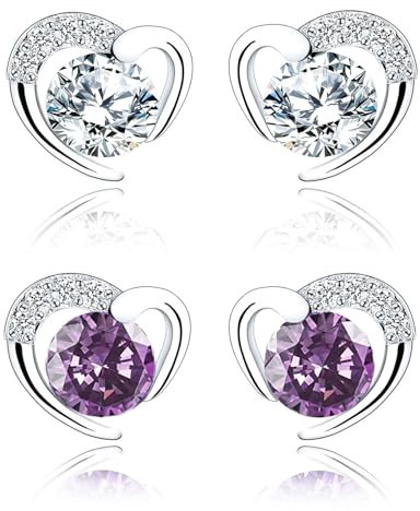 Ohrstecker Silber 925 Klein Ohrringe für Damen Frauen | 2 Paar Sterling Silber Herz Ohrstecker Set mit Zirkonia für Mädchen Geschenke