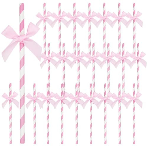 minkissy Striped Paper Drinking 60pcs Bow Paper Pink and White for Birthday Wedding Party Cake Decorations Holiday Festival Supplies