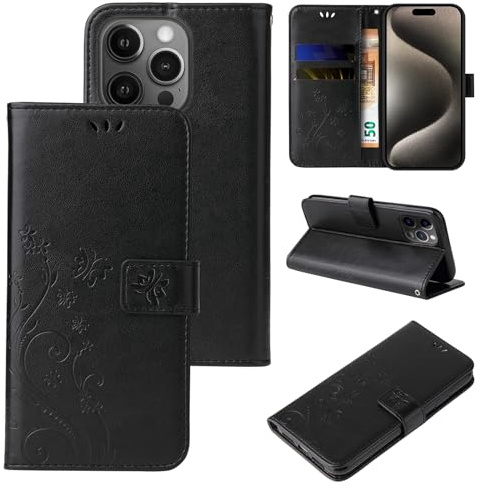 LBH Handy Hülle für Apple iPhone 15 Pro Case Handytasche Schmetterling Blumen Flower Standfunktion Schutzhülle Magnet Rundum Schutz 360 Grad Flipcase Cover Schwarz