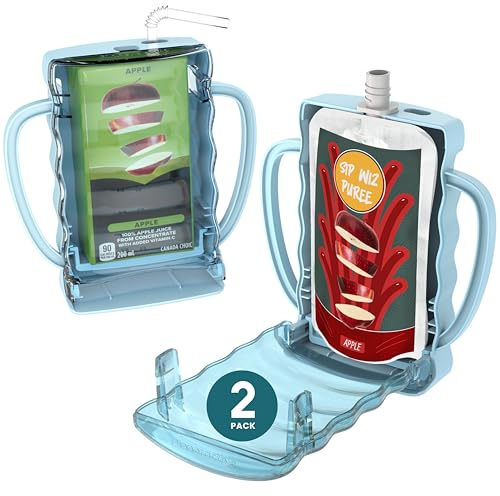 Dinneractive Sip Wiz - Baby Pouch Holder No Squeeze Pouch Food Pouches & Juice Box Holder - Anti-Squeeze Yogurt Pouch Reusable Toddler Essentials 2 Pack, Blue