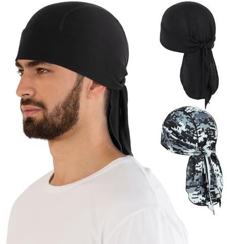 MELASA Kühlende Durag Bandana Cap Mütze, Absorbiert Schweiß Kopftuch Unterhelm, Atmungsaktive Fahrrad Kopfbedeckung Laufmütze, Kopftuch Herren Radfahren Motorradfahren(Schwarz&DigitalCamoGray)