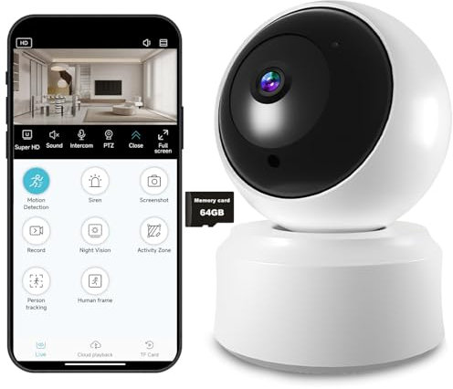 PEGATISAN Telecamera Wifi Interno Senza Fili 2MP Telecamera Interno PTZ/355° Telecamere Wifi Interne Rilevamento Umano Tracciamento Intelligente Audio Bidirezionale Telecamere per Bambino, Animale