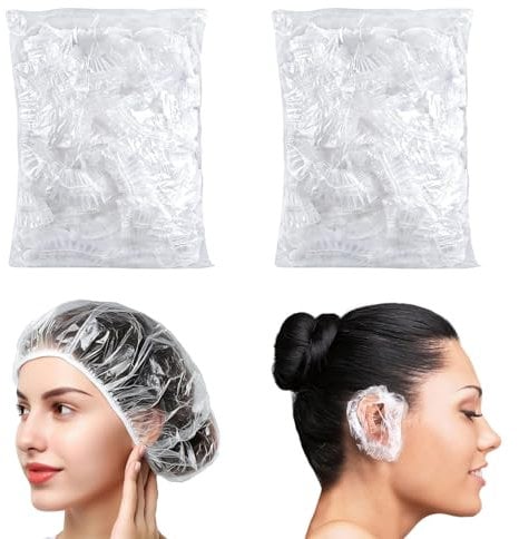 100 PCS Disposable Shower Caps, 100 PCS Ear Covers for Shower, Elastic Bath Cap, Clear Disposable Shower Caps, for Women Kids Girls, Home, Spa and Hair Salon Portable Travel