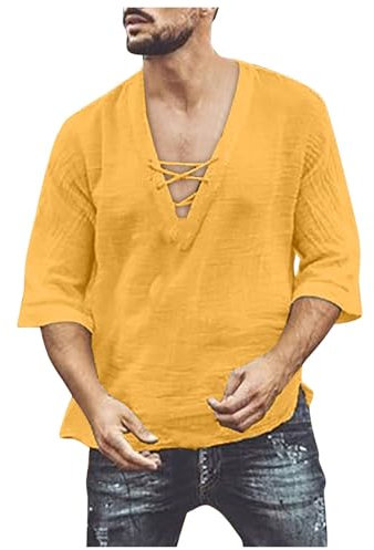 Herrenmode-Shirt, kurzärmelig, Strand-V-Ausschnitt, Kordelzug, Druck, Yoga, afrikanisches Sommer-Top Uhren Kinder (Yellow, S)