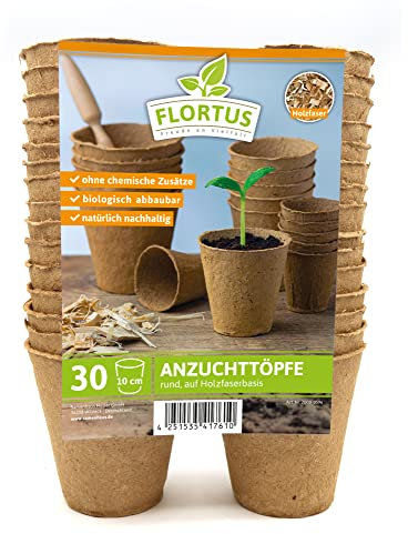 FLORTUS – Anzuchttöpfe 10 cm rund auf Holzfaser Basis 30 Stück – Nachhaltige Zellulose Pflanztöpfe im Set zur Anzucht von Pflanzensamen & Setzlingen – Saattöpfe 100% torffrei & biologisch abbaubar